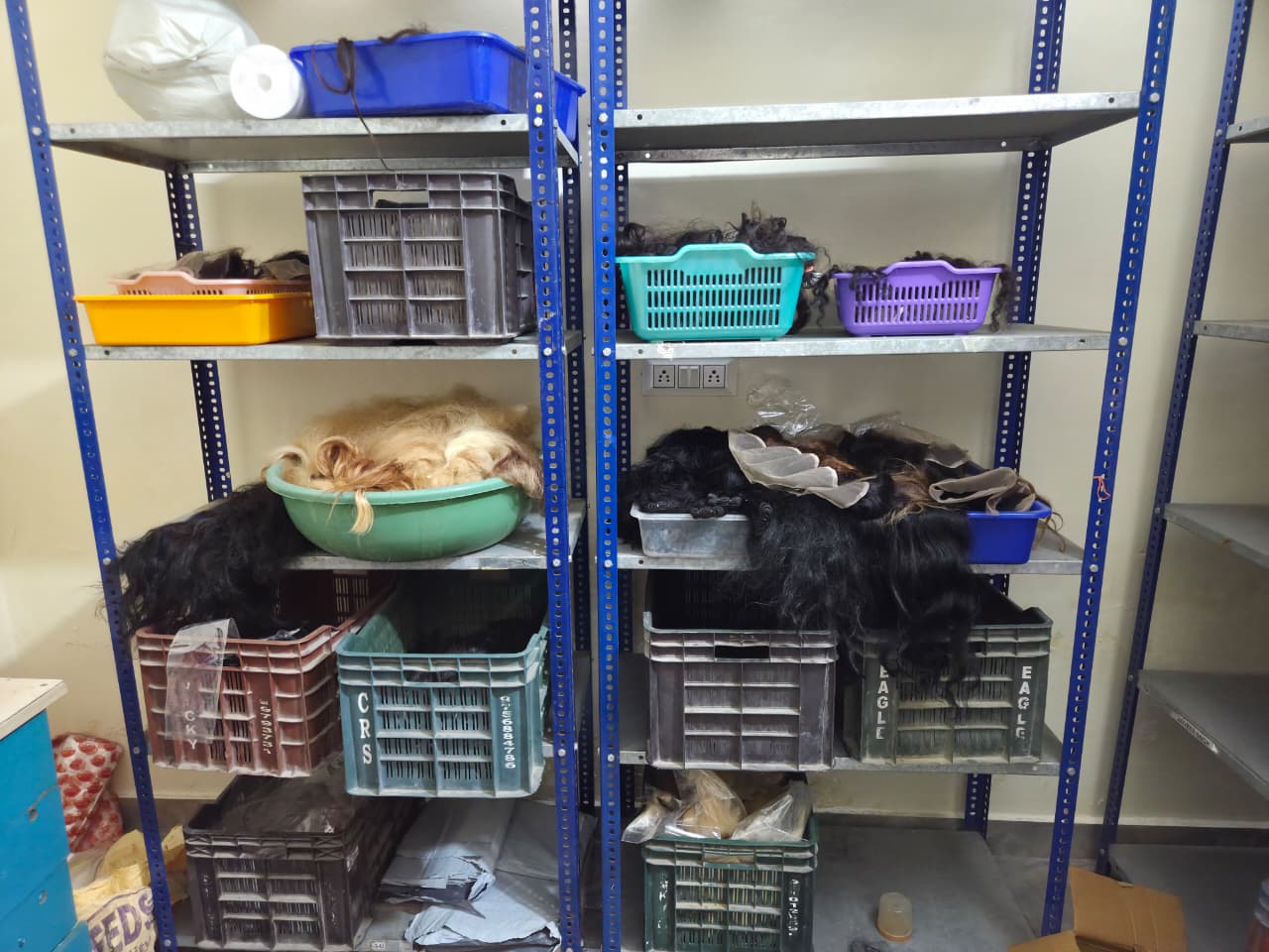 Raw human hair stock held at Nirvana Hair Exports